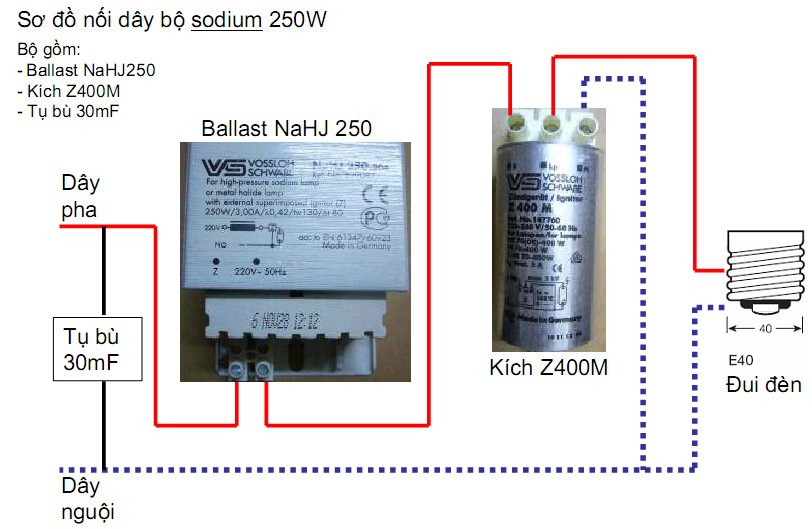 Sơ đồ nối dây bộ bóng đèn cao áp Sodium 250W